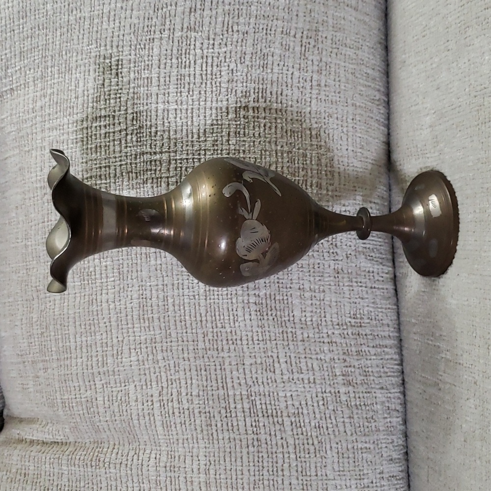 Vintage Solid Brass Bud Vase Candle Holder Hand Etched Ruffled Rim Pedestal Base